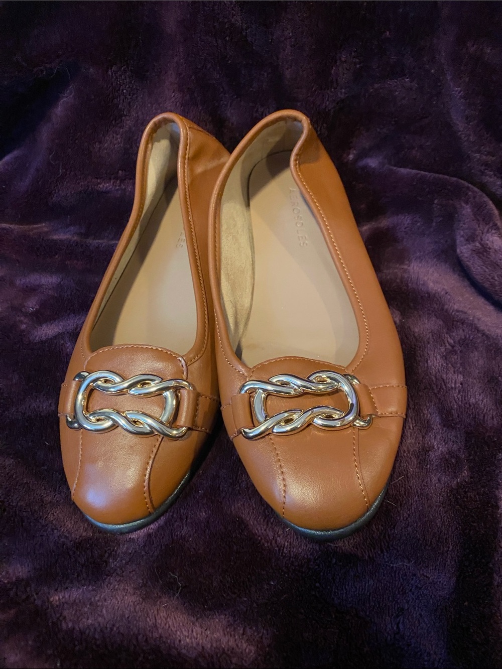 AEROSOLES Brown Leather Chain-Accent Ballet Flats